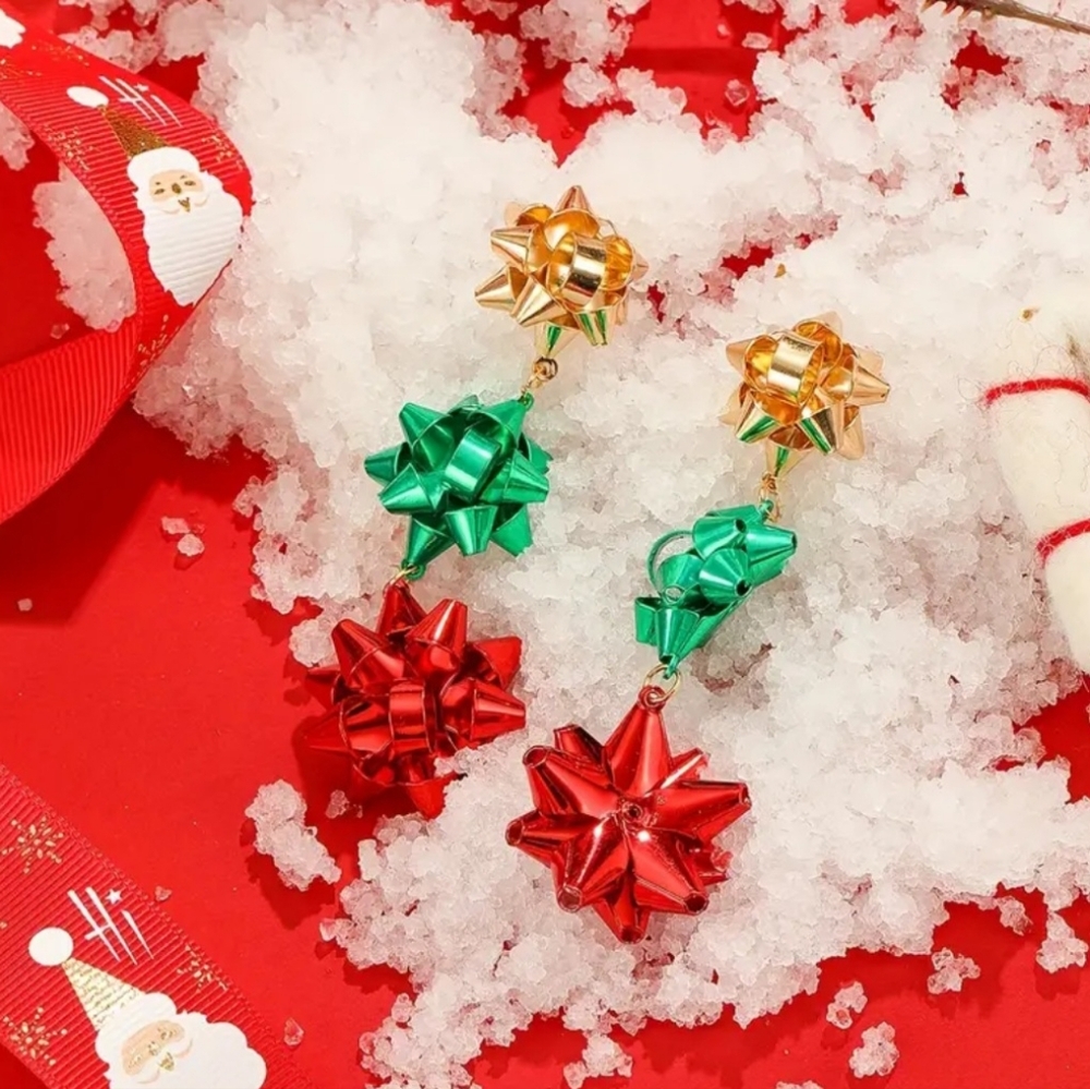 Festive Bow Drop Earrings in Gold, Red, and Green. - Picture 3 of 3